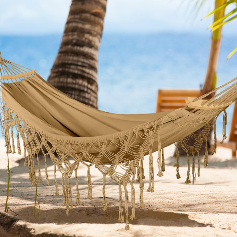 Dakota Fields Backyard Hammock With Tassels Max 500Lbs Canvas Fabric Bohemian Style With Thickened Rope And Carry Bag For Outdoor Garden Patio Wedding Decor Khaki Wayfair